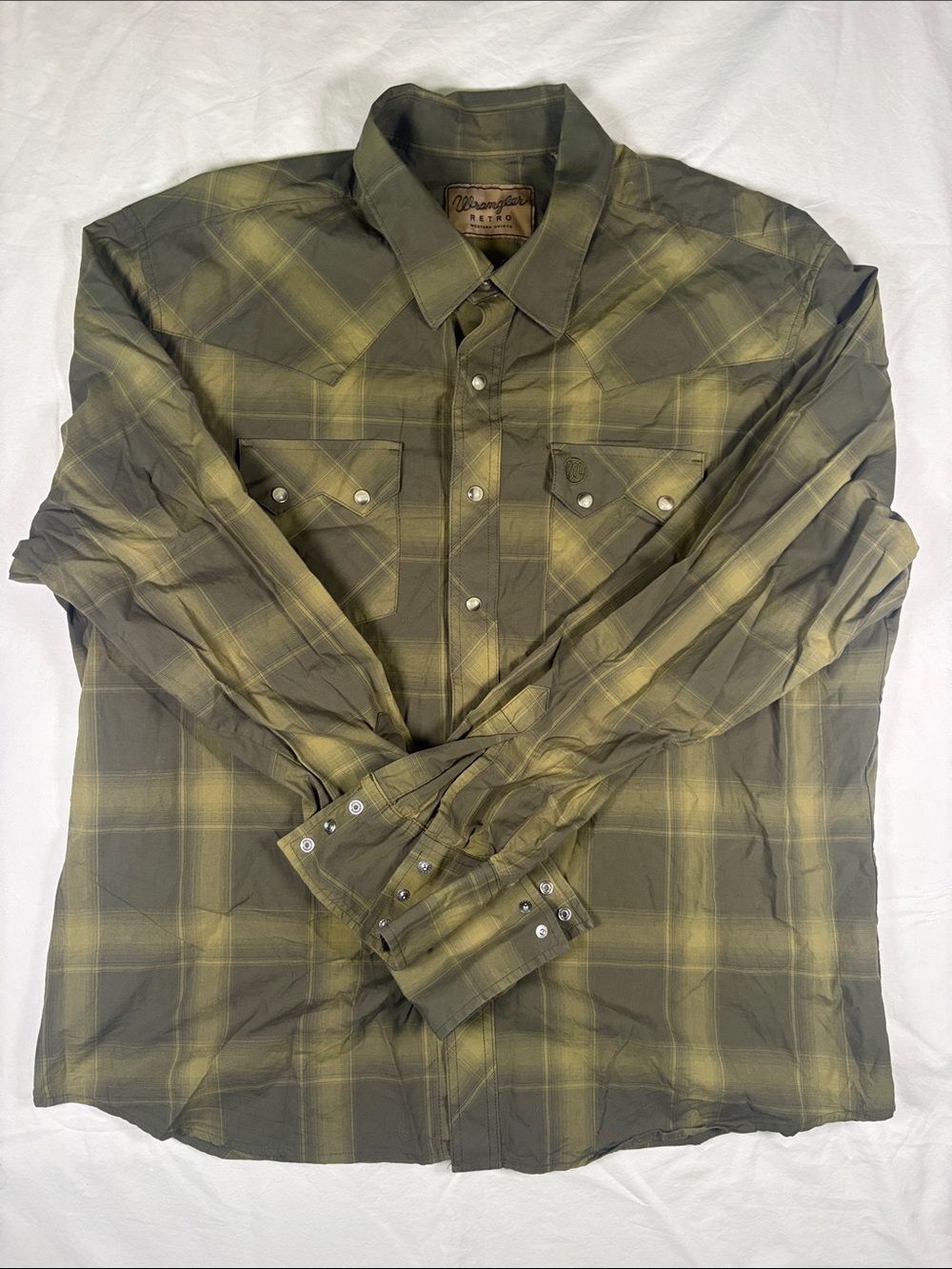 Wrangler Olive & Yellow Plaid Western Snap Shirt